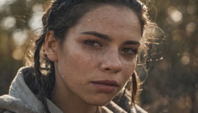 1girl,solo,long hair,looking at viewer,black hair,brown eyes,closed mouth,braid,parted lips,mole,blurry,lips,depth of field,blurry background,portrait,mole under mouth,close-up,forehead,freckles,realistic,nose,bokeh,mole on cheek,brown hair,sweat,twin braids,eyelashes,sunlight,multiple braids