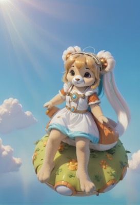 1girl,solo,long hair,smile,short hair,bangs,blonde hair,brown hair,hair ornament,dress,animal ears,twintails,brown eyes,jewelry,sitting,closed mouth,standing,collarbone,tail,full body,flower,ahoge,short sleeves,hairband,outdoors,sky,barefoot,teeth,day,shiny,artist name,cloud,signature,necklace,white dress,apron,shiny hair,flat chest,blue sky,puffy short sleeves,maid headdress,bell,:3,blue background,happy,sunlight,grass,looking up,brooch,gem,child,dog ears,white apron,jingle bell,furry,animal hands,dog tail,light rays,hair bell,hair tie,furry female,sun,dog girl,female child,body fur,white fur,animal nose,two-tone fur,yellow fur,animal feet,buck teeth,open mouth,simple background,underwear,panties,alternate costume,two-tone hair,gradient,gradient background,no humans,watermark,short dress,pantyshot,hair bobbles,brown fur