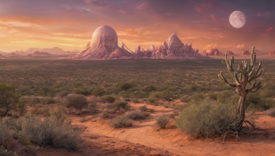 outdoors,sky,cloud,tree,no humans,moon,cloudy sky,grass,nature,scenery,full moon,forest,sunset,mountain,sun,road,field,landscape,path,red sky,plant,sand,horizon,orange sky,desert