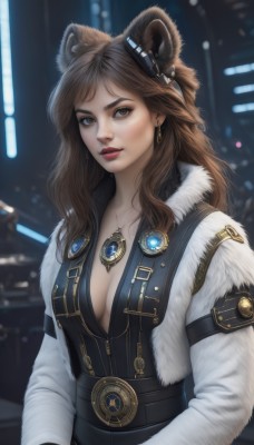 1girl,solo,long hair,breasts,looking at viewer,brown hair,gloves,long sleeves,animal ears,cleavage,brown eyes,jewelry,medium breasts,jacket,upper body,earrings,parted lips,belt,necklace,mole,blurry,lips,coat,fur trim,makeup,blurry background,gem,pendant,realistic,nose,red lips,bangs,fake animal ears,lipstick,bear ears