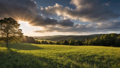 outdoors,sky,day,cloud,tree,blue sky,no humans,sunlight,cloudy sky,grass,nature,scenery,forest,sunset,mountain,sun,field,landscape,mountainous horizon,hill,light rays,sunbeam