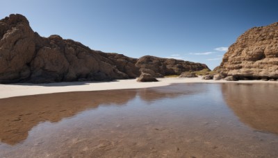 outdoors,sky,day,cloud,water,blue sky,no humans,scenery,reflection,rock,mountain,sand,river,landscape,desert,reflective water,ocean,beach,horizon,shore