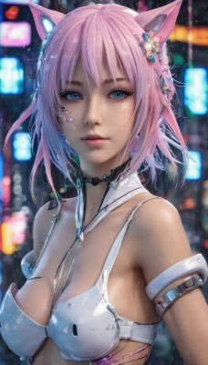 1girl,solo,breasts,looking at viewer,short hair,bangs,blue eyes,hair ornament,animal ears,cleavage,bare shoulders,medium breasts,swimsuit,upper body,pink hair,bikini,multicolored hair,parted lips,choker,cat ears,blurry,lips,wet,makeup,depth of field,blurry background,white bikini,facial mark,bikini top only,science fiction,realistic,nose,miqo'te,cyberpunk,jewelry,outdoors,shiny,artist name,shiny skin,eyelashes,fake animal ears,armlet,rain,arm strap