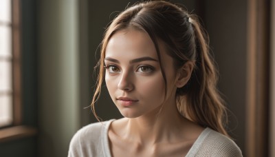 1girl,solo,long hair,looking at viewer,brown hair,shirt,brown eyes,closed mouth,collarbone,white shirt,ponytail,indoors,blurry,lips,window,depth of field,blurry background,portrait,forehead,freckles,realistic,nose,upper body,eyelashes,sunlight,messy hair