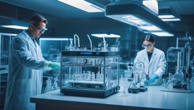 short hair,shirt,black hair,gloves,long sleeves,hat,closed mouth,male focus,multiple boys,glasses,indoors,2boys,facial hair,sunglasses,goggles,science fiction,labcoat,white coat,test tube,flask,vial,necktie,dark skin,cup,dark-skinned male,blue theme,glass,very short hair,latex gloves