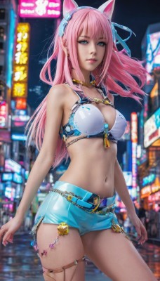 1girl,solo,long hair,breasts,looking at viewer,bangs,blue eyes,skirt,large breasts,navel,animal ears,cleavage,bare shoulders,jewelry,medium breasts,underwear,standing,swimsuit,pink hair,bikini,thighs,cowboy shot,hairband,outdoors,parted lips,shorts,midriff,belt,cat ears,miniskirt,necklace,stomach,bra,blurry,lips,short shorts,thigh strap,night,blurry background,fake animal ears,bikini top only,city,realistic,closed mouth,earrings,artist name,signature,collar,bell,makeup,depth of field,chain,headphones,watermark,white bikini,gem,web address,o-ring,eyeshadow,contrapposto,animal ear headphones,cat ear headphones,cyberpunk,neon lights