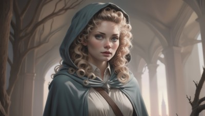 1girl,solo,long hair,breasts,looking at viewer,blue eyes,blonde hair,shirt,white shirt,upper body,parted lips,indoors,hood,cape,tree,lips,grey eyes,eyelashes,wavy hair,cloak,curly hair,nose,hooded cloak,bare tree,church,portrait,hood up,realistic