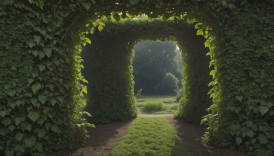 outdoors,sky,day,cloud,tree,no humans,leaf,sunlight,cloudy sky,grass,plant,nature,scenery,forest,light rays,road,bush,ruins,vines,green theme,moss,overgrown,bird