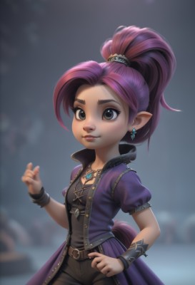 1girl,solo,long hair,breasts,looking at viewer,smile,jewelry,ponytail,pink hair,purple hair,short sleeves,multicolored hair,cowboy shot,earrings,small breasts,open clothes,shorts,pointy ears,puffy sleeves,belt,pants,artist name,necklace,blurry,black eyes,bracelet,puffy short sleeves,lips,coat,grey eyes,depth of field,blurry background,heterochromia,high ponytail,pendant,freckles,brown eyes,dark skin,dark-skinned female,corset,brown belt