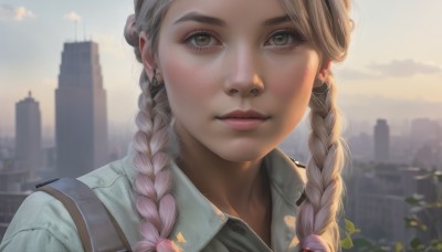 1girl,solo,long hair,looking at viewer,blonde hair,shirt,brown eyes,jewelry,closed mouth,green eyes,upper body,pink hair,braid,multicolored hair,earrings,outdoors,sky,collared shirt,cloud,blurry,twin braids,two-tone hair,lips,eyelashes,gradient hair,makeup,blurry background,piercing,building,ear piercing,portrait,freckles,city,realistic,nose,cityscape,bangs,brown hair,day,artist name,uniform,depth of field,sunlight,cloudy sky,close-up,backlighting,skyscraper