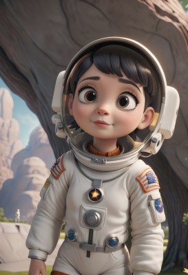 1girl,solo,looking at viewer,smile,short hair,bangs,multiple girls,black hair,long sleeves,2girls,brown eyes,closed mouth,outdoors,solo focus,day,blurry,tree,lips,blurry background,helmet,child,freckles,spacesuit,space helmet,astronaut,blush,brown hair,cowboy shot,sky,star (symbol),realistic,nose,arms at sides,american flag