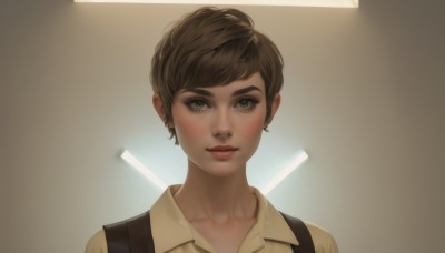 1girl,solo,looking at viewer,smile,short hair,bangs,brown hair,shirt,brown eyes,closed mouth,upper body,earrings,collared shirt,lips,grey eyes,eyelashes,makeup,suspenders,lipstick,portrait,realistic,nose,red lips,simple background,white background,jewelry,thick eyebrows,yellow shirt