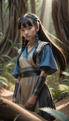 1girl,solo,long hair,breasts,looking at viewer,bangs,black hair,hair ornament,dress,brown eyes,jewelry,closed mouth,standing,braid,flower,short sleeves,cowboy shot,hairband,small breasts,outdoors,parted lips,day,artist name,signature,mole,blurry,twin braids,tree,lips,sash,blurry background,watermark,sunlight,plant,nature,forest,realistic,nose,black eyes,depth of field,ring,backlighting,light rays,bracer,wrist guards