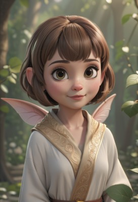 1girl,solo,looking at viewer,smile,short hair,bangs,brown hair,brown eyes,closed mouth,upper body,outdoors,wings,day,blurry,tree,lips,depth of field,blurry background,leaf,sunlight,bob cut,thick eyebrows,nature,forest,freckles,nose,fairy wings,fairy,blush,collarbone,pointy ears,artist name,eyelashes,realistic