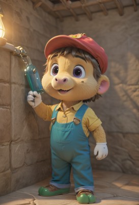 solo,smile,short hair,open mouth,brown hair,shirt,gloves,1boy,hat,holding,animal ears,brown eyes,standing,purple eyes,full body,short sleeves,male focus,food,shoes,collared shirt,indoors,white gloves,child,red headwear,furry,yellow shirt,lantern,lamp,overalls,furry male,male child,mario,long sleeves,outdoors,teeth,artist name,hand up,blurry,:3,buttons,watermark,baseball cap,realistic,wall,brick wall,syringe,green footwear