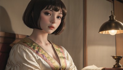 1girl,solo,breasts,looking at viewer,short hair,bangs,brown hair,black hair,holding,cleavage,brown eyes,jewelry,medium breasts,sitting,collarbone,upper body,earrings,parted lips,indoors,blunt bangs,black eyes,lips,book,eyelashes,shadow,piercing,floral print,bob cut,ear piercing,holding book,open book,realistic,nose,reading,lamp,grey eyes,makeup,red lips,light