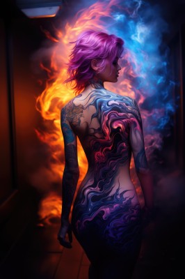 1girl,solo,short hair,jewelry,closed mouth,standing,closed eyes,pink hair,purple hair,ass,nude,cowboy shot,earrings,looking back,artist name,indoors,from behind,completely nude,tattoo,profile,back,fire,smoke,arm tattoo,back tattoo,full-body tattoo,holding