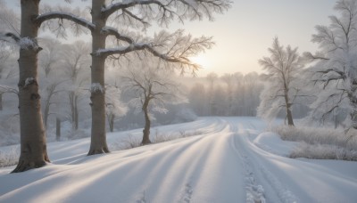 outdoors,sky,day,tree,no humans,sunlight,grass,nature,scenery,snow,forest,mountain,sun,winter,bare tree,landscape,fog,sunrise,pine tree,1girl,cloud