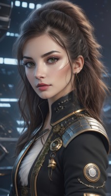 1girl,solo,long hair,looking at viewer,brown hair,shirt,brown eyes,jewelry,green eyes,jacket,upper body,ponytail,earrings,open clothes,necklace,blurry,lips,black jacket,eyelashes,makeup,night,blurry background,freckles,realistic,nose,red lips,breasts,closed mouth,artist name,uniform,from side,open jacket,piercing,lipstick,forehead,epaulettes,eyeliner