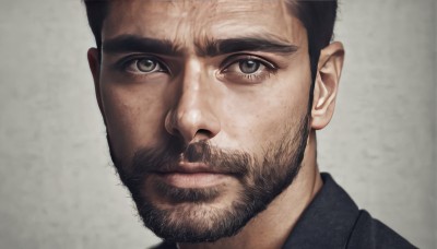 solo,looking at viewer,short hair,shirt,black hair,1boy,closed mouth,male focus,collared shirt,grey background,grey eyes,facial hair,thick eyebrows,portrait,beard,close-up,mature male,realistic,mustache,very short hair,simple background,black shirt,manly