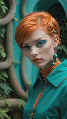 1girl,solo,breasts,looking at viewer,short hair,blue eyes,hair ornament,jewelry,closed mouth,jacket,upper body,braid,earrings,hairclip,artist name,necklace,orange hair,blurry,sweater,lips,grey eyes,eyelashes,makeup,turtleneck,leaf,plant,lipstick,tentacles,eyeshadow,zipper,freckles,snake,nose,red lips,eyeliner,mascara,bangs,parted lips,blurry background,swept bangs,piercing,realistic,zipper pull tab