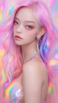 1girl,solo,long hair,breasts,looking at viewer,bare shoulders,jewelry,medium breasts,upper body,pink hair,multicolored hair,earrings,parted lips,necklace,from side,lips,grey eyes,eyelashes,strapless,makeup,wavy hair,eyeshadow,nose,blue eyes,dress,artist name,looking to the side,gradient hair,forehead,realistic