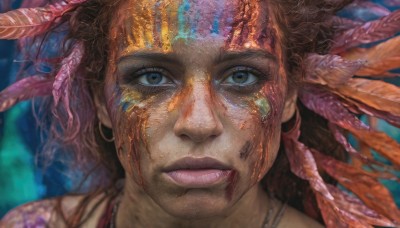 1girl,solo,looking at viewer,short hair,blue eyes,brown hair,brown eyes,jewelry,earrings,parted lips,teeth,dark skin,necklace,blurry,lips,blood,blurry background,feathers,portrait,close-up,injury,blood on face,realistic,feather hair ornament,facepaint,dirty,tribal,closed mouth,eyelashes,depth of field,straight-on,dirty face