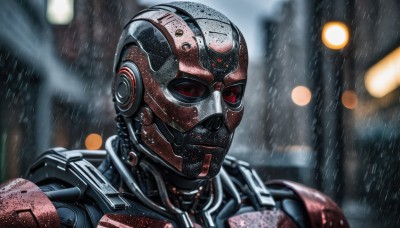 solo,red eyes,1boy,upper body,male focus,armor,blurry,depth of field,blurry background,helmet,robot,portrait,science fiction,rain,realistic,cyborg,power armor,lights,cyberpunk,humanoid robot,outdoors,mask,glowing,close-up,android