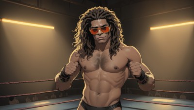 solo,long hair,looking at viewer,smile,brown hair,black hair,1boy,navel,closed mouth,nipples,male focus,solo focus,indoors,dark skin,stomach,bracelet,muscular,facial hair,wavy hair,abs,sunglasses,dark-skinned male,pectorals,muscular male,wristband,bara,beard,clenched hands,large pectorals,curly hair,topless male,tinted eyewear,chest hair,navel hair,dreadlocks,swim briefs,wrestling ring,upper body