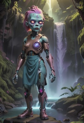 1girl,solo,breasts,looking at viewer,short hair,standing,full body,yellow eyes,ponytail,pink hair,small breasts,boots,outdoors,teeth,signature,water,tree,lips,glowing,colored skin,plant,robot,nature,glowing eyes,pelvic curtain,science fiction,rock,fantasy,blue skin,android,joints,no pupils,cyborg,robot joints,waterfall,cyberpunk,mechanical parts,mechanical legs,moss,solid eyes,red eyes,torn clothes,makeup,topless,grass,colored sclera,facepaint,mechanical arms,hair pulled back,humanoid robot