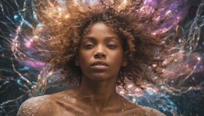 1girl,solo,long hair,looking at viewer,brown hair,brown eyes,collarbone,parted lips,dark skin,water,black eyes,dark-skinned female,lips,floating hair,portrait,freckles,curly hair,underwater,realistic,very dark skin,afro,upper body,nude