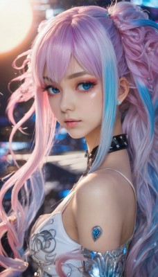 1girl,solo,long hair,breasts,looking at viewer,bangs,blue eyes,bare shoulders,twintails,jewelry,medium breasts,closed mouth,blue hair,upper body,pink hair,braid,multicolored hair,earrings,choker,blurry,collar,from side,two-tone hair,lips,streaked hair,eyelashes,makeup,blurry background,piercing,eyeshadow,nose,mascara,hair ornament,dress,cleavage,sidelocks,artist name,signature,white dress,chain,gem,armlet,pink lips,realistic,eyeliner,blue gemstone