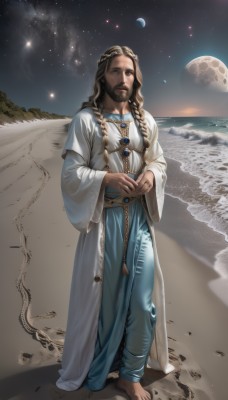 solo,long hair,looking at viewer,brown hair,long sleeves,1boy,dress,brown eyes,jewelry,standing,full body,braid,male focus,outdoors,sky,barefoot,pants,dark skin,wide sleeves,necklace,twin braids,toes,night,facial hair,beach,moon,dark-skinned male,star (sky),night sky,hair over shoulder,beard,starry sky,robe,realistic,sand,space,planet,earth (planet),white robe,desert,1girl,blonde hair,water,ocean,watermark,full moon,rock