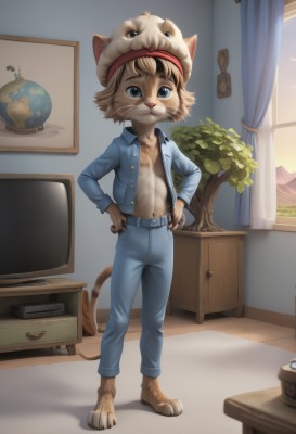 solo,looking at viewer,blue eyes,brown hair,shirt,1boy,hat,navel,animal ears,standing,jacket,tail,full body,male focus,open clothes,barefoot,belt,pants,indoors,open jacket,tree,window,open shirt,cat,blue shirt,plant,denim,curtains,blue jacket,furry,hands on hips,jeans,blue pants,potted plant,furry male,male child,body fur,television,whiskers,painting (object),drawer,globe,smile,short hair,blonde hair,long sleeves,shadow,claws,desk,vase,denim jacket