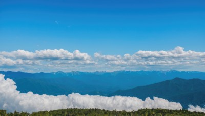 outdoors,sky,day,cloud,tree,blue sky,no humans,bird,cloudy sky,grass,nature,scenery,forest,blue theme,mountain,landscape,mountainous horizon,hill