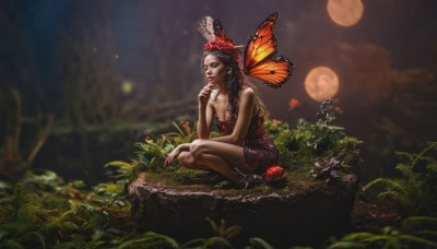 1girl,solo,long hair,breasts,brown hair,black hair,hair ornament,dress,cleavage,bare shoulders,medium breasts,sitting,closed eyes,braid,flower,outdoors,wings,water,nail polish,blurry,lips,night,fruit,depth of field,blurry background,moon,squatting,grass,bug,butterfly,nature,full moon,forest,realistic,fairy,mushroom,butterfly wings,hat,jewelry,earrings,food,tree,leaf,rock