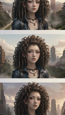 1girl,long hair,looking at viewer,brown hair,brown eyes,jewelry,jacket,upper body,comic,earrings,outdoors,parted lips,sky,choker,day,cloud,necklace,lips,cloudy sky,building,curly hair,city,realistic,nose,cityscape,leather,big hair,skyscraper,leather jacket,tree,makeup,multiple views,watermark,sunlight,scenery,3koma,denim jacket