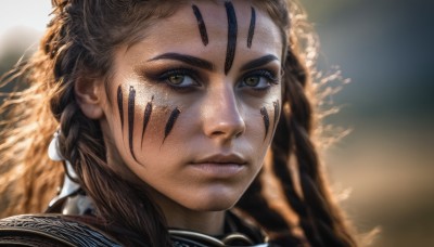 1girl,solo,long hair,looking at viewer,brown hair,brown eyes,closed mouth,yellow eyes,braid,armor,blurry,lips,eyelashes,blurry background,facial mark,portrait,close-up,freckles,realistic,nose,facepaint,tribal,dark skin,twin braids,dark-skinned female,sunlight,dreadlocks,multiple braids