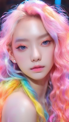 1girl,solo,long hair,looking at viewer,blue eyes,blonde hair,bare shoulders,jewelry,closed mouth,blue hair,pink hair,multicolored hair,earrings,blurry,two-tone hair,lips,eyelashes,makeup,wavy hair,piercing,feathers,lipstick,portrait,close-up,eyeshadow,pink lips,realistic,nose,stud earrings,eyeliner,mascara,rainbow hair,upper body,artist name,orange hair,gradient hair,watermark,web address,forehead