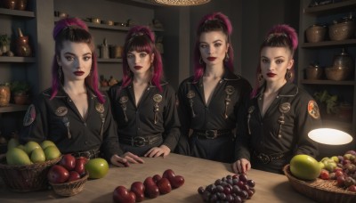 long hair,breasts,looking at viewer,smile,multiple girls,black hair,long sleeves,cleavage,brown eyes,jewelry,medium breasts,jacket,ponytail,pink hair,purple hair,red hair,multicolored hair,earrings,small breasts,food,belt,indoors,nail polish,uniform,black eyes,two-tone hair,black jacket,grey eyes,4girls,makeup,fruit,ring,bottle,high ponytail,plant,lipstick,red nails,buckle,eyeshadow,black belt,belt buckle,apple,emblem,basket,red lips,lamp,badge,shelf,grapes,banana,counter,pineapple,bangs,brown hair,hair ornament,mole,table,scrunchie,realistic,potted plant,leather,shop,light bulb