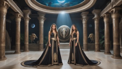 long hair,breasts,looking at viewer,multiple girls,brown hair,dress,2girls,bare shoulders,brown eyes,jewelry,standing,sky,sleeveless,black dress,bracelet,siblings,moon,sisters,star (sky),armlet,arms at sides,crescent moon,planet,pillar,statue,arch,column,black hair,cleavage,hood,night,night sky,starry sky