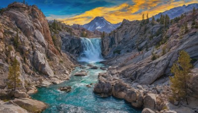 outdoors,sky,cloud,water,tree,no humans,cloudy sky,grass,nature,scenery,forest,sunset,rock,mountain,river,waterfall,landscape,mountainous horizon,orange sky,cliff,day,blue sky,traditional media