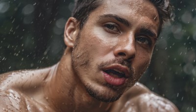 solo,looking at viewer,short hair,open mouth,black hair,1boy,brown eyes,male focus,nude,parted lips,teeth,blurry,black eyes,lips,wet,blurry background,facial hair,thick eyebrows,portrait,beard,close-up,rain,realistic,mustache,chest hair,brown hair,manly