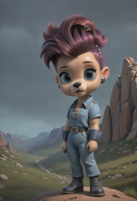 1girl,solo,looking at viewer,smile,short hair,open mouth,blue eyes,brown hair,shirt,animal ears,jewelry,standing,full body,ponytail,earrings,boots,outdoors,sky,belt,pants,cloud,chibi,black footwear,uniform,piercing,blue shirt,ear piercing,furry,rock,mountain,furry female,police,police uniform,hair ornament,jacket,short sleeves,parted lips,shoes,teeth,hairclip,artist name,signature,necklace,lips,makeup,grass,wristband,buckle,zipper,freckles,pocket,stud earrings,animal nose,jumpsuit,cliff