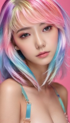 1girl,solo,breasts,looking at viewer,short hair,bangs,blonde hair,simple background,cleavage,bare shoulders,brown eyes,jewelry,medium breasts,closed mouth,underwear,blue hair,collarbone,swimsuit,upper body,pink hair,bikini,multicolored hair,earrings,bra,black eyes,two-tone hair,lips,head tilt,eyelashes,gradient hair,makeup,swept bangs,pink background,lipstick,eyeshadow,pink lips,realistic,nose,mascara,long hair,large breasts,piercing,portrait