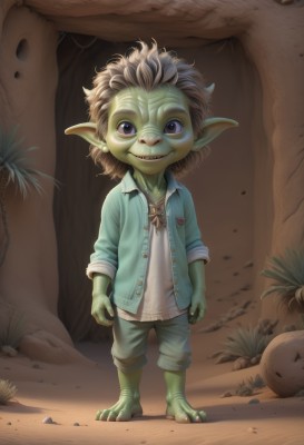 solo,looking at viewer,smile,blue eyes,brown hair,shirt,1boy,standing,purple eyes,full body,white shirt,male focus,open clothes,barefoot,teeth,pointy ears,pants,grin,tree,colored skin,child,nature,rock,male child,green skin,cave,goblin,jewelry,earrings,shorts,necklace,realistic,dirty,denim jacket