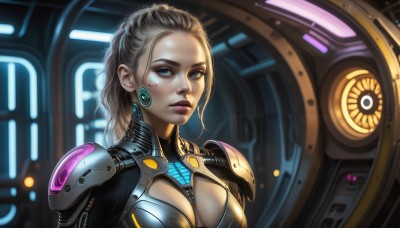 HQ,1girl,solo,long hair,breasts,looking at viewer,blue eyes,blonde hair,cleavage,jewelry,medium breasts,upper body,earrings,armor,blurry,lips,clothing cutout,bodysuit,makeup,facial mark,cleavage cutout,lipstick,forehead,eyeshadow,science fiction,realistic,nose,eyeliner,hair pulled back,cyberpunk,large breasts,freckles,power armor