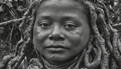 solo,looking at viewer,1boy,closed mouth,monochrome,greyscale,male focus,dark skin,blurry,lips,plant,portrait,realistic,dreadlocks,flower,close-up,freckles