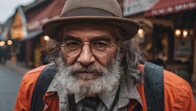 solo,looking at viewer,shirt,1boy,hat,brown eyes,closed mouth,jacket,white shirt,upper body,white hair,grey hair,male focus,outdoors,necktie,glasses,collared shirt,medium hair,bag,blurry,black eyes,depth of field,blurry background,facial hair,portrait,black necktie,beard,red jacket,realistic,round eyewear,mustache,old,old man,vest,backpack