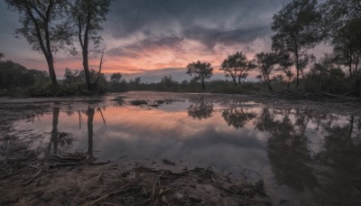 outdoors,sky,cloud,water,tree,no humans,cloudy sky,grass,nature,scenery,forest,reflection,sunset,road,river,evening,landscape,reflective water,plant,twilight,lake